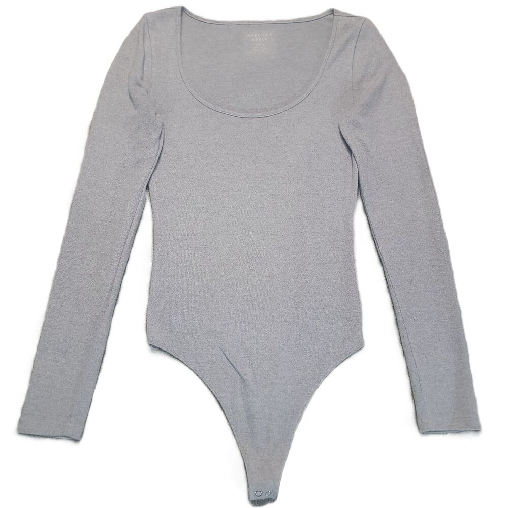 American Eagle Womens M Bodysuit Long Sleeve Gray Y2K Soft Stretch Minimalist